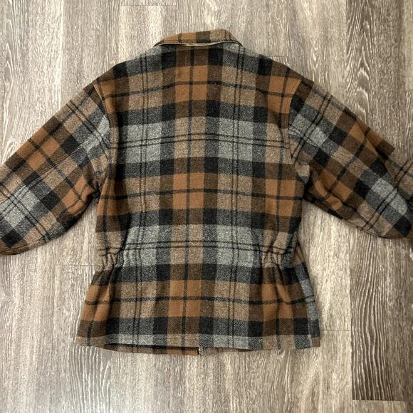 Vintage J.Crew Wool Plaid Zip Jacket Brown Gray Check Oversized Made in USA sz L - Picture 12 of 16